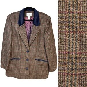 Vintage Brown Houndstooth Plaid Boxy Black Velvet Collar Buttons Wool Blend 14W